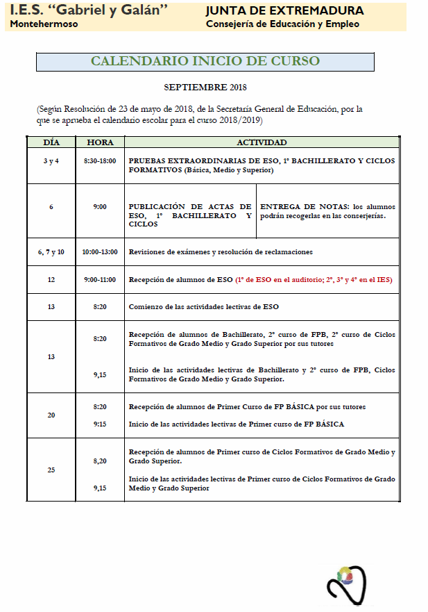 CALENDARIO INICIO DE CURSO 2018 2019