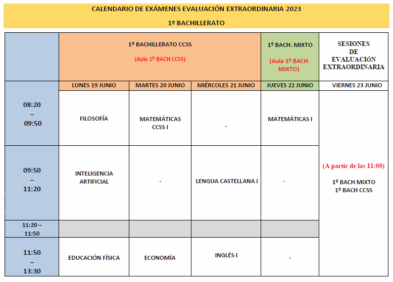 Calendario Examenes Extraordinarios 1º de Bachillerato