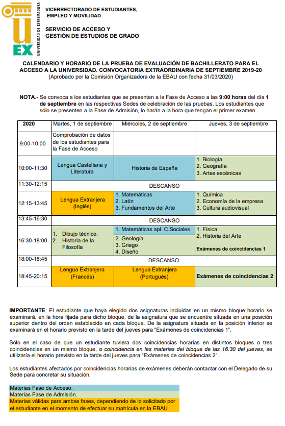 Exámenes ebau septiembre