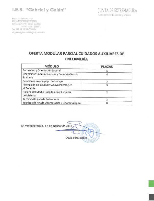 OFERTA MODULAR PARCIAL CUIDADOS AUXILIARES DE ENFERMERÍA