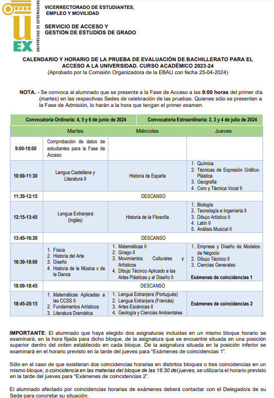 Fechas exámenes EBAU