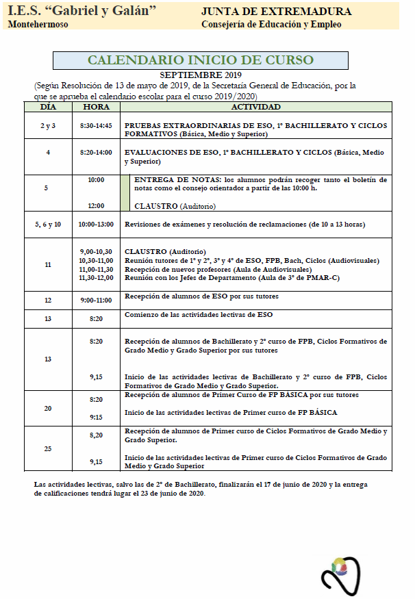 Calendario inicio de curso 2019 2020