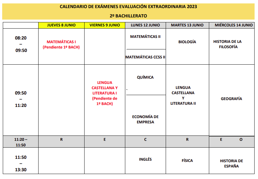 Calendario Examenes Extraordinarios 2º de Bachillerato