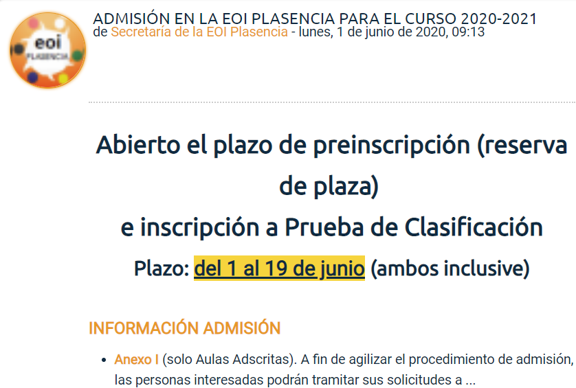 Admisión escuela oficial de idiomas