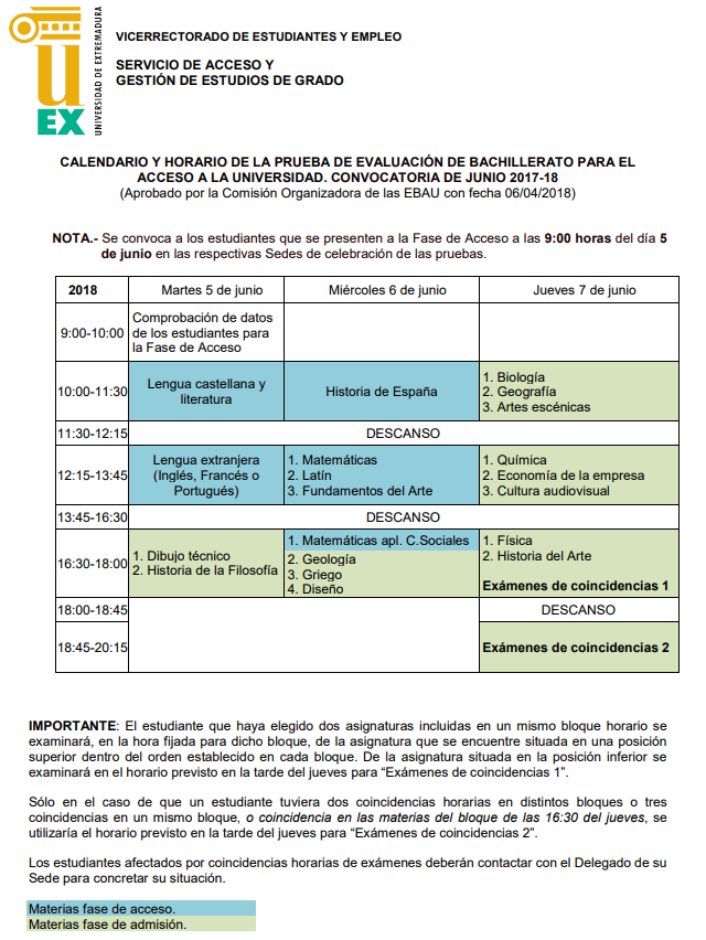Calendario EBAU junio