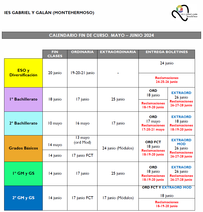 Calendario Fin de curso