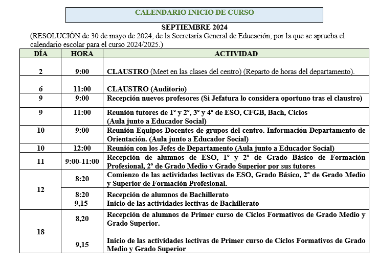 Calendario Inicio de Curso
